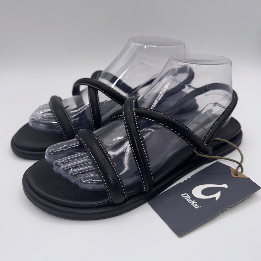 OluKai Tiare Strappy Sandals Women's Size 8 Black Leather Slingback
